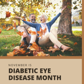 Couple throwing leaves in the air with the text "November is Diabetic Eye Disease Month"